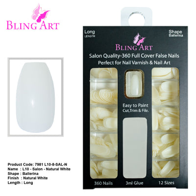 Bling Art salon pack — 360 natural-tone acrylic coffin ballerina long nail tips for UK nail technicians, 10 sizes XS-XXL, bulk trade pricing, glue not included. Designed in Yorkshire. Ballerina = Coffin (same shape).