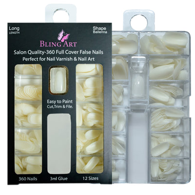 Bling Art salon pack — 360 natural-tone acrylic coffin ballerina long nail tips for UK nail technicians, 10 sizes XS-XXL, bulk trade pricing, glue not included. Designed in Yorkshire. Ballerina = Coffin (same shape).