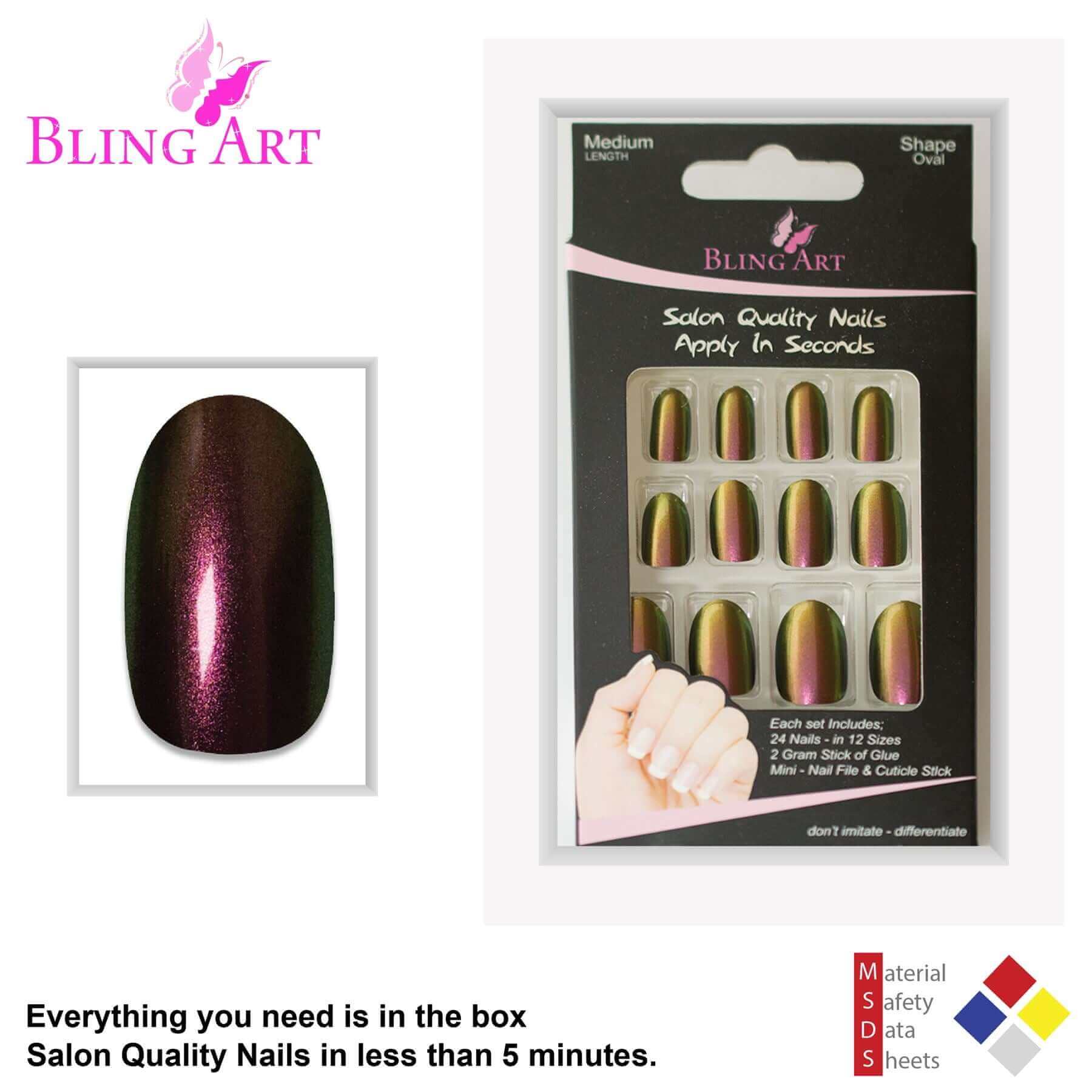 False Nails by Bling Art Gold Green Chameleon Oval Medium Fake 24 Nail Tips