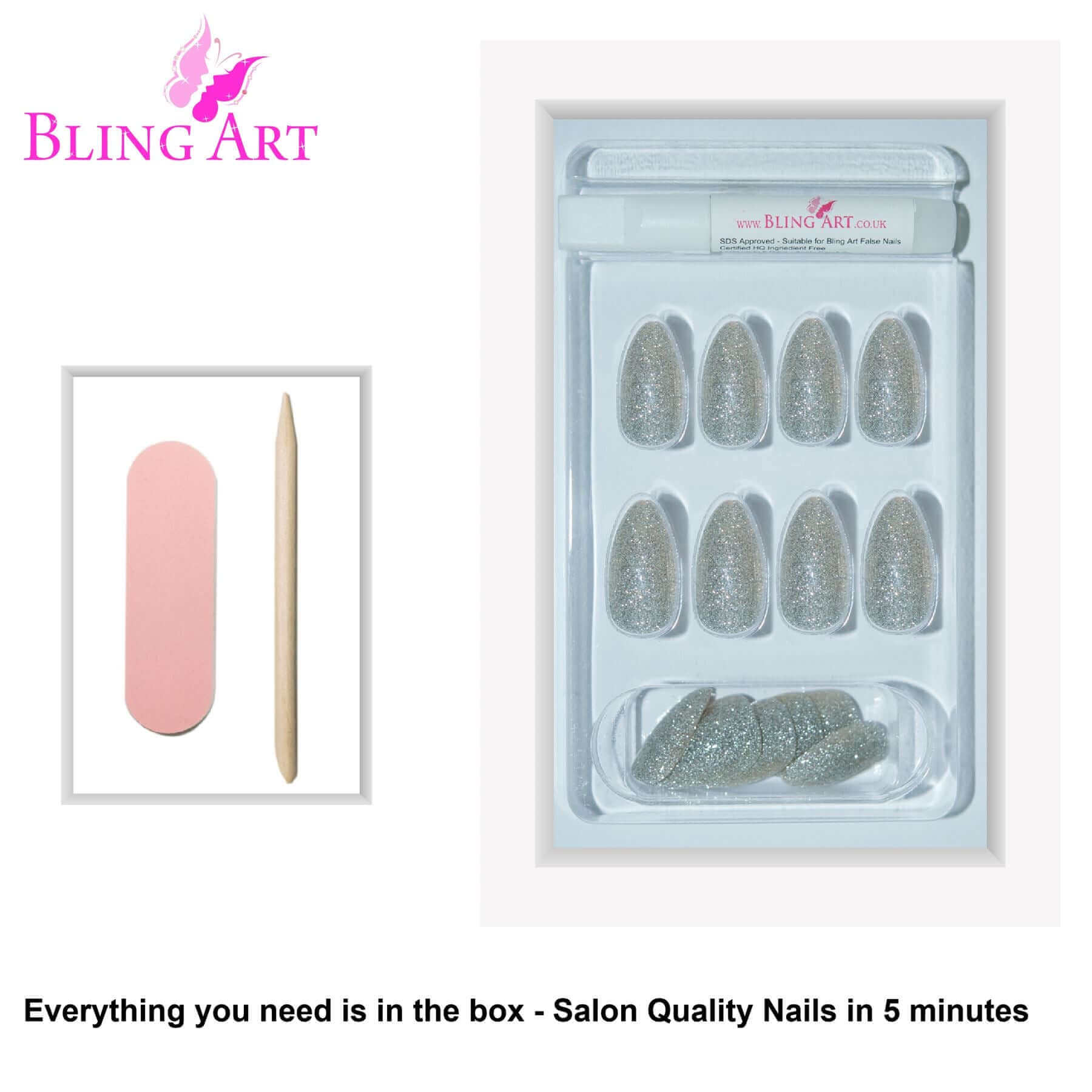 False Nails Bling Art Silver Gel Almond Stiletto Long Fake Acrylic Tips with Glue