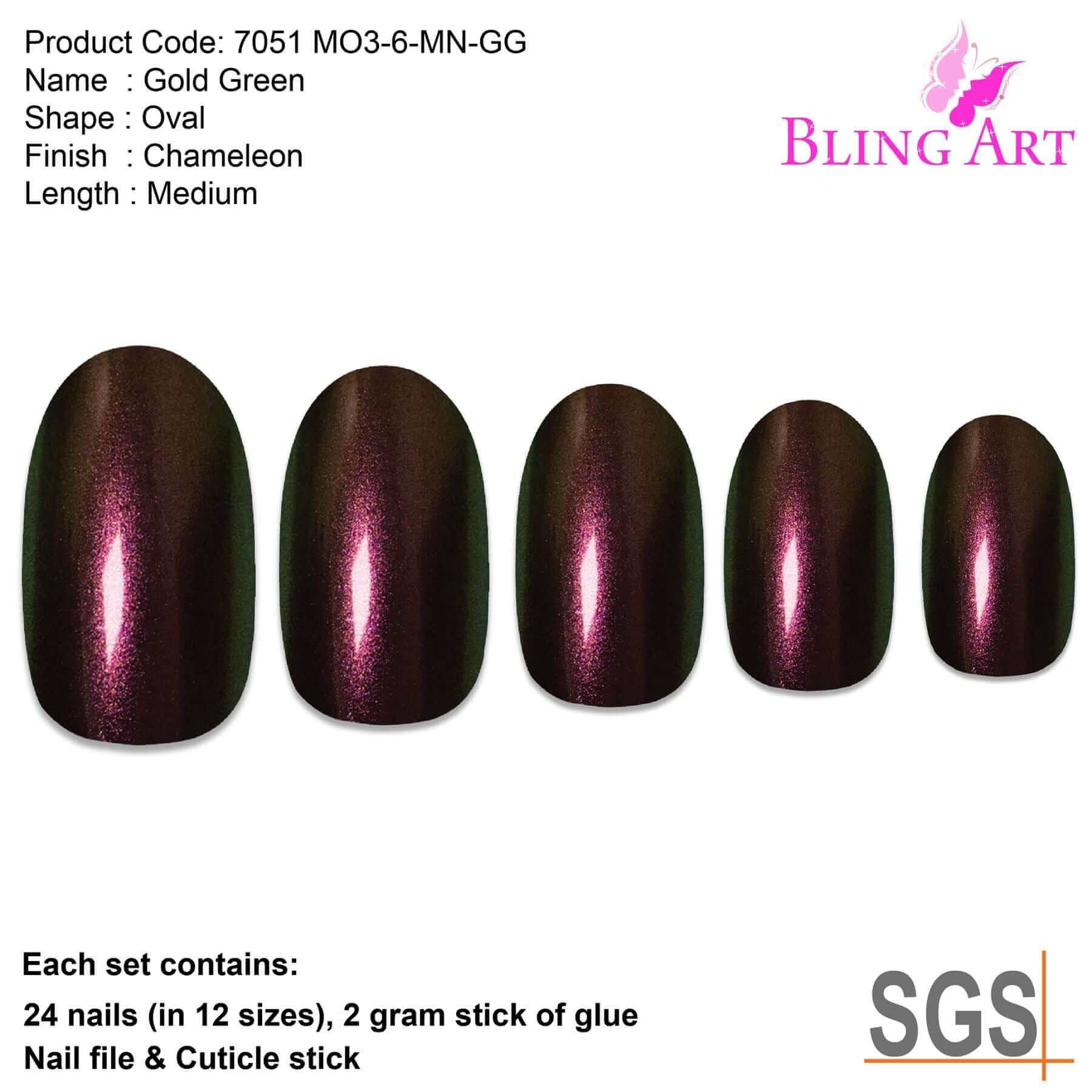 False Nails by Bling Art Gold Green Chameleon Oval Medium Fake 24 Nail Tips