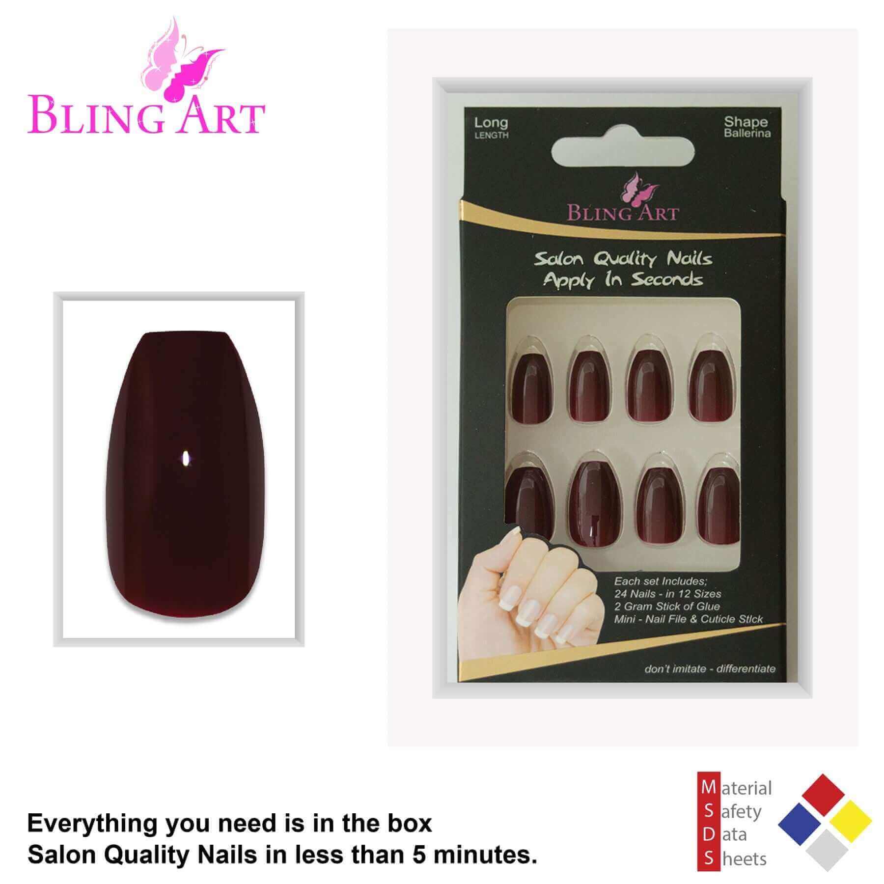 Multipack - False Nails by Bling Art Red Brown Polished Ballerina Long Medium Fake Tips