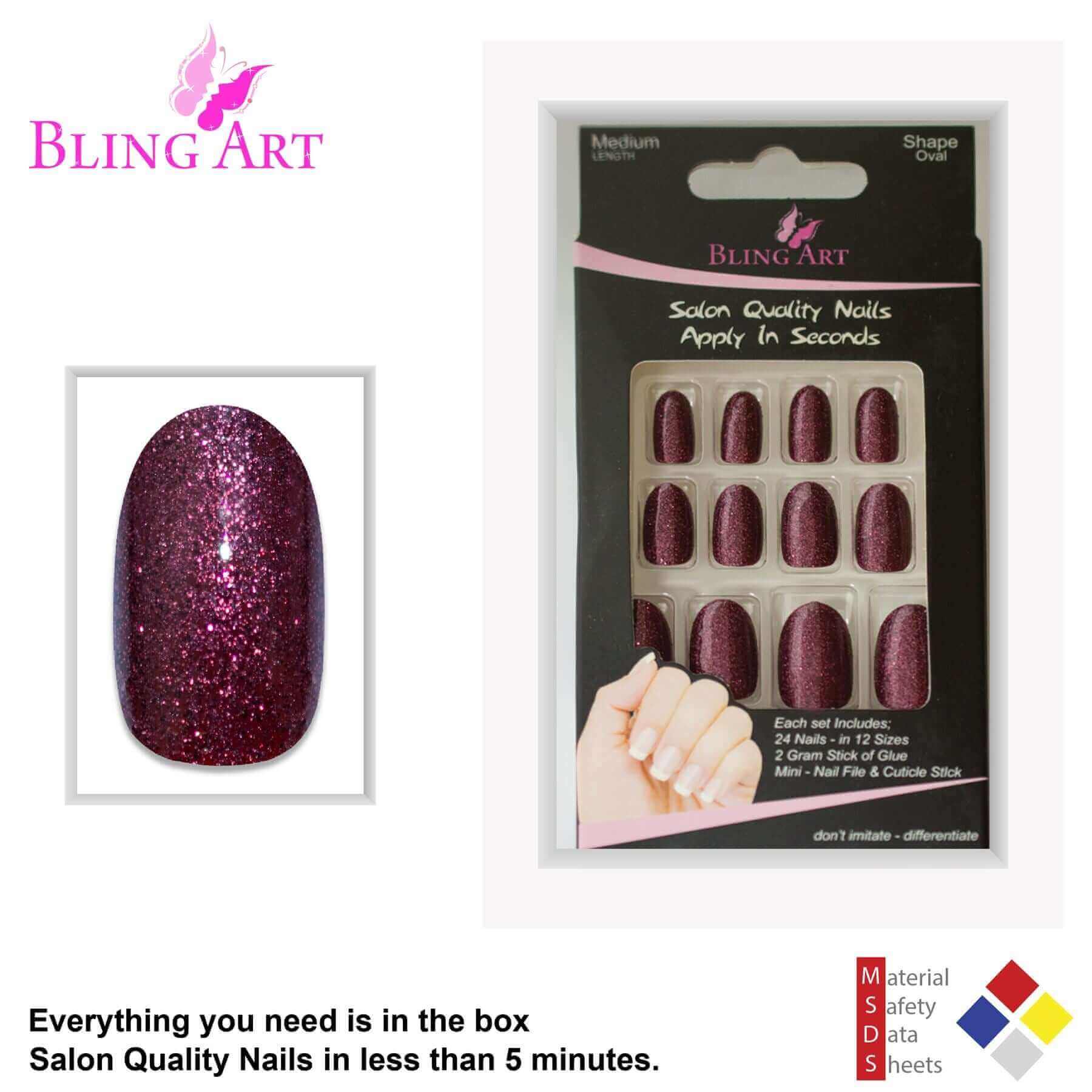 Multipack - False Nails by Bling Art Red Brown Gel Oval Medium  Acrylic Tips with Glue