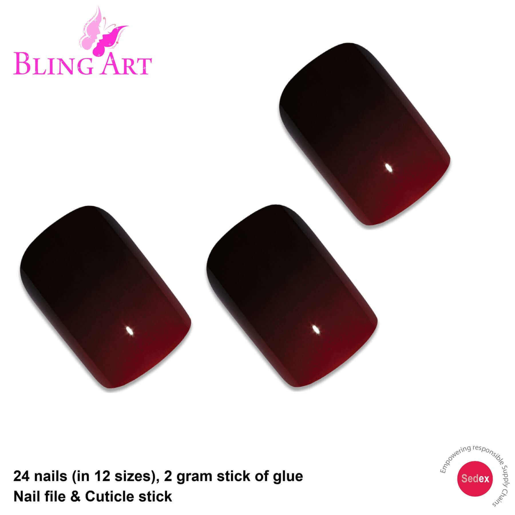 False Nails by Bling Art Red Black French Squoval 24 Fake Medium Acrylic Tips