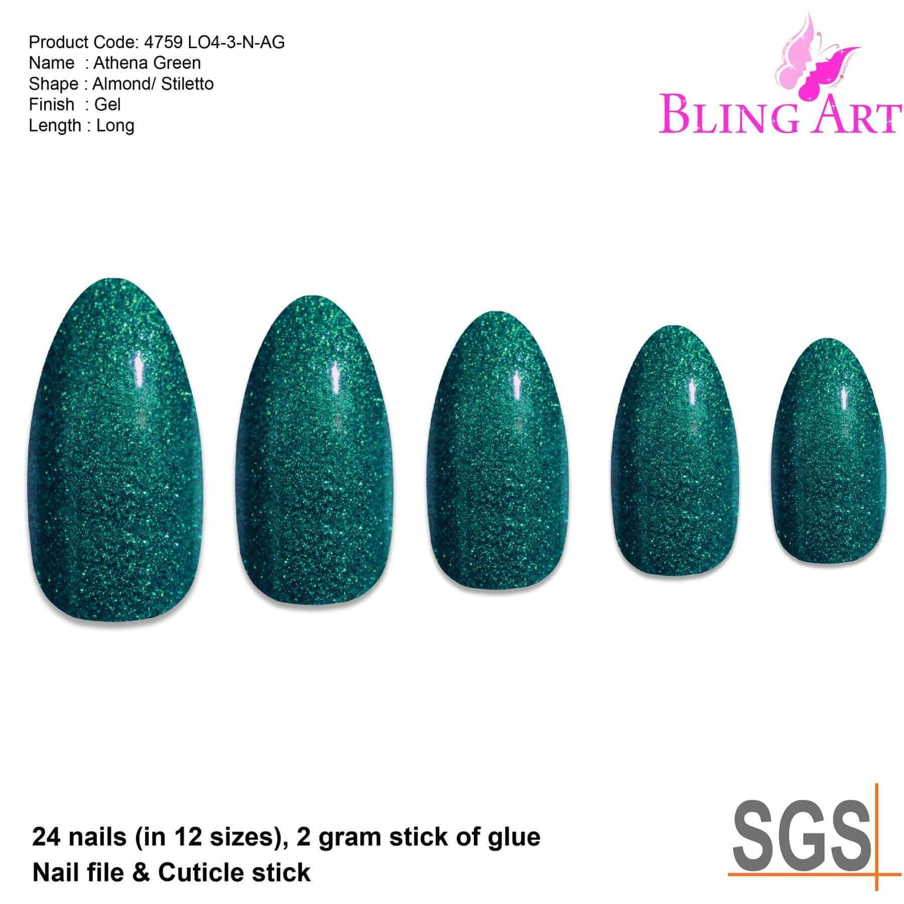 False Nails Bling Art Green Gel Almond Stiletto Long Fake Acrylic Tips with Glue