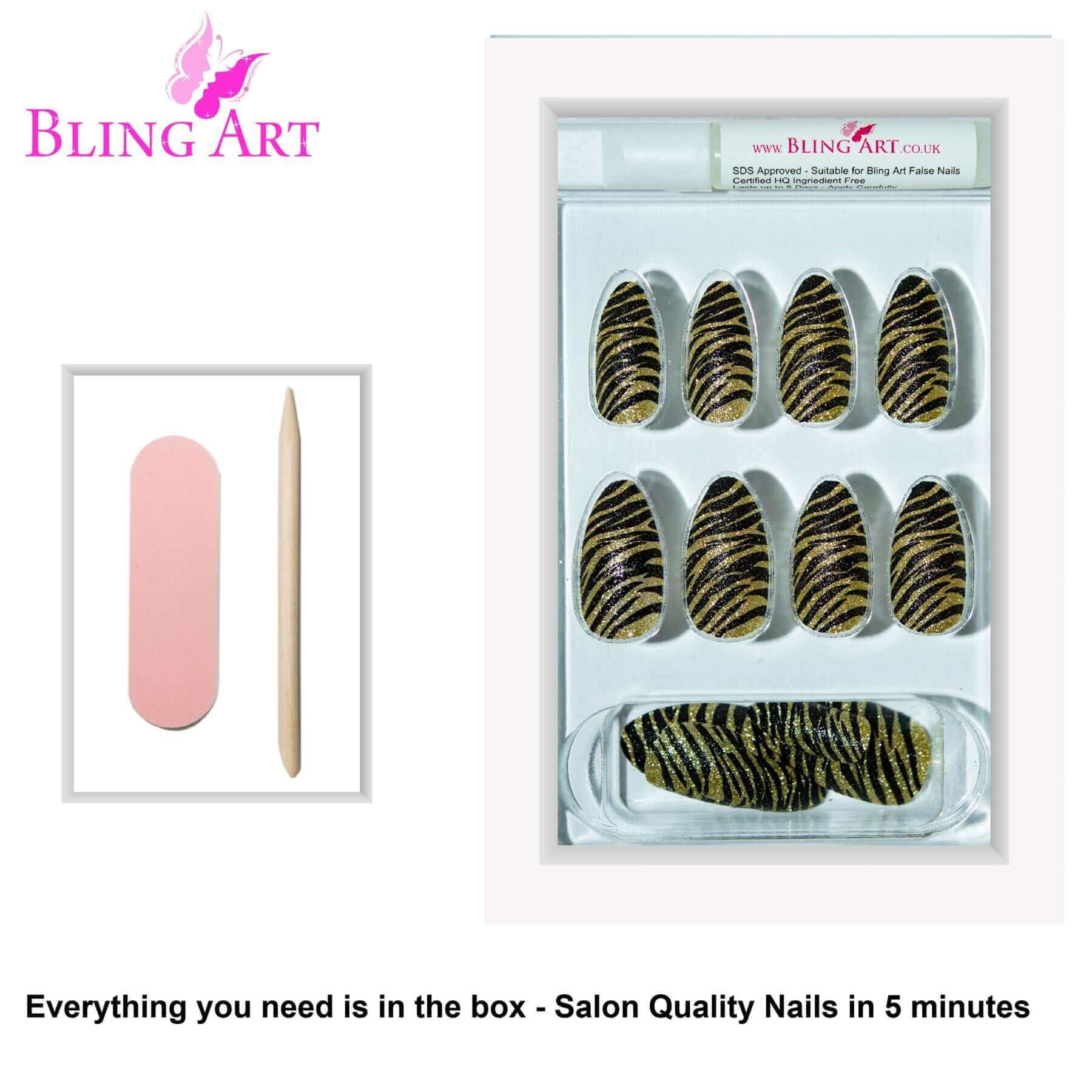 False Nails Bling Art Gold Black Almond Stiletto Long Fake Acrylic Tips with Glue