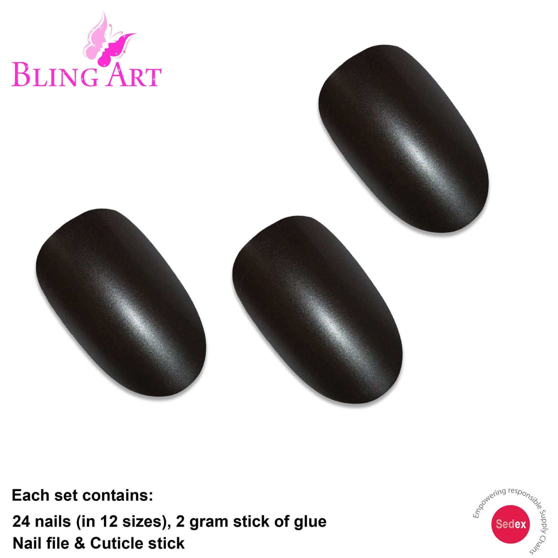 False Nails by Bling Art Black Matte Metallic Oval Medium Fake Acrylic Tips Glue