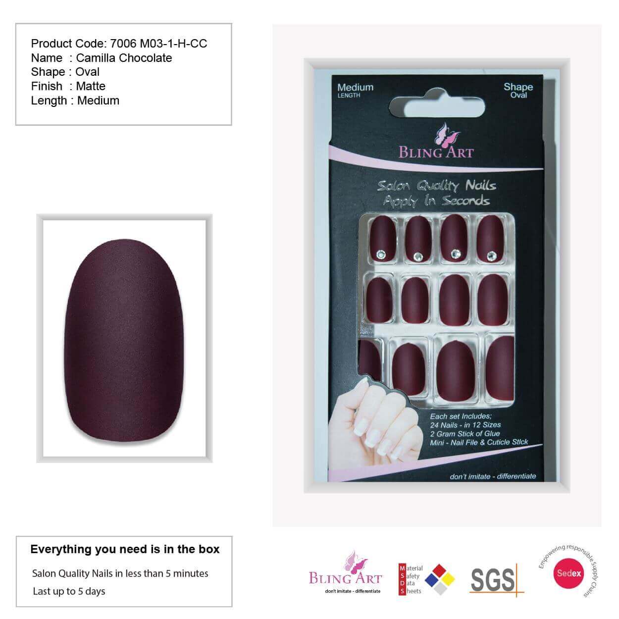 False Nails by Bling Art Brown Matte  Oval Medium Fake Acrylic Tips Glue