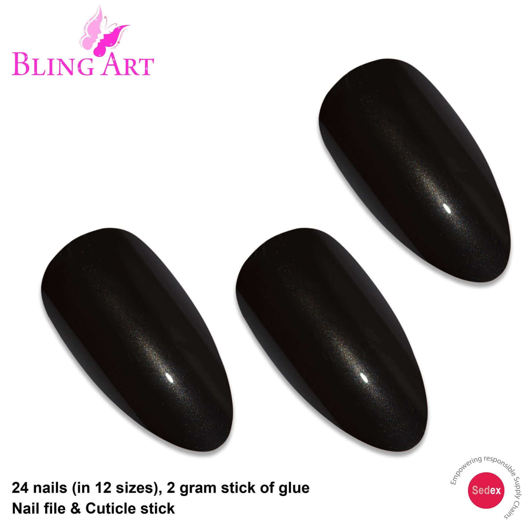 False Nails by Bling Art Black Glitter Almond Stiletto Fake Long Acrylic Tips