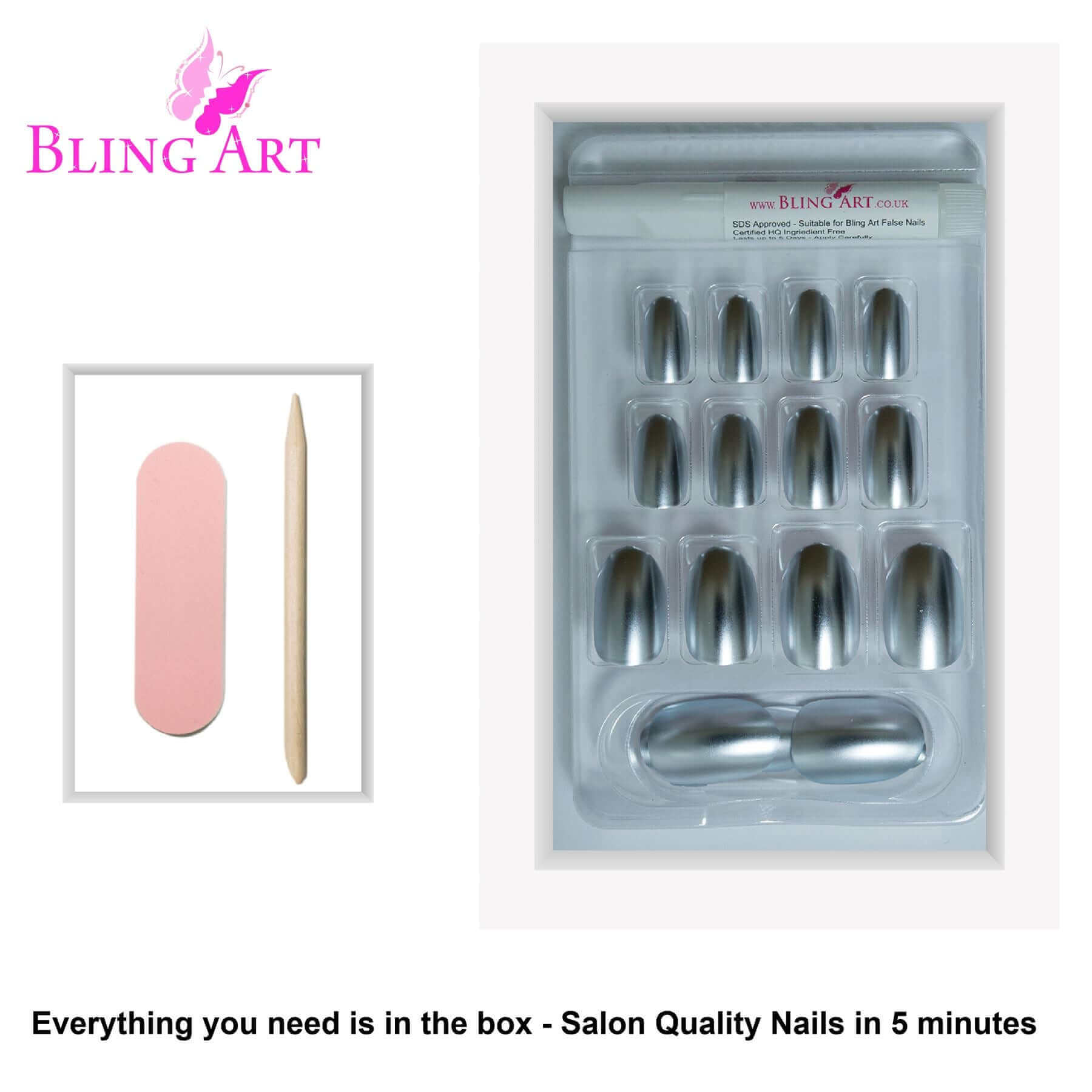 False Nails by Bling Art Silver Matte Metallic Oval Medium Fake Acrylic Tips Glue