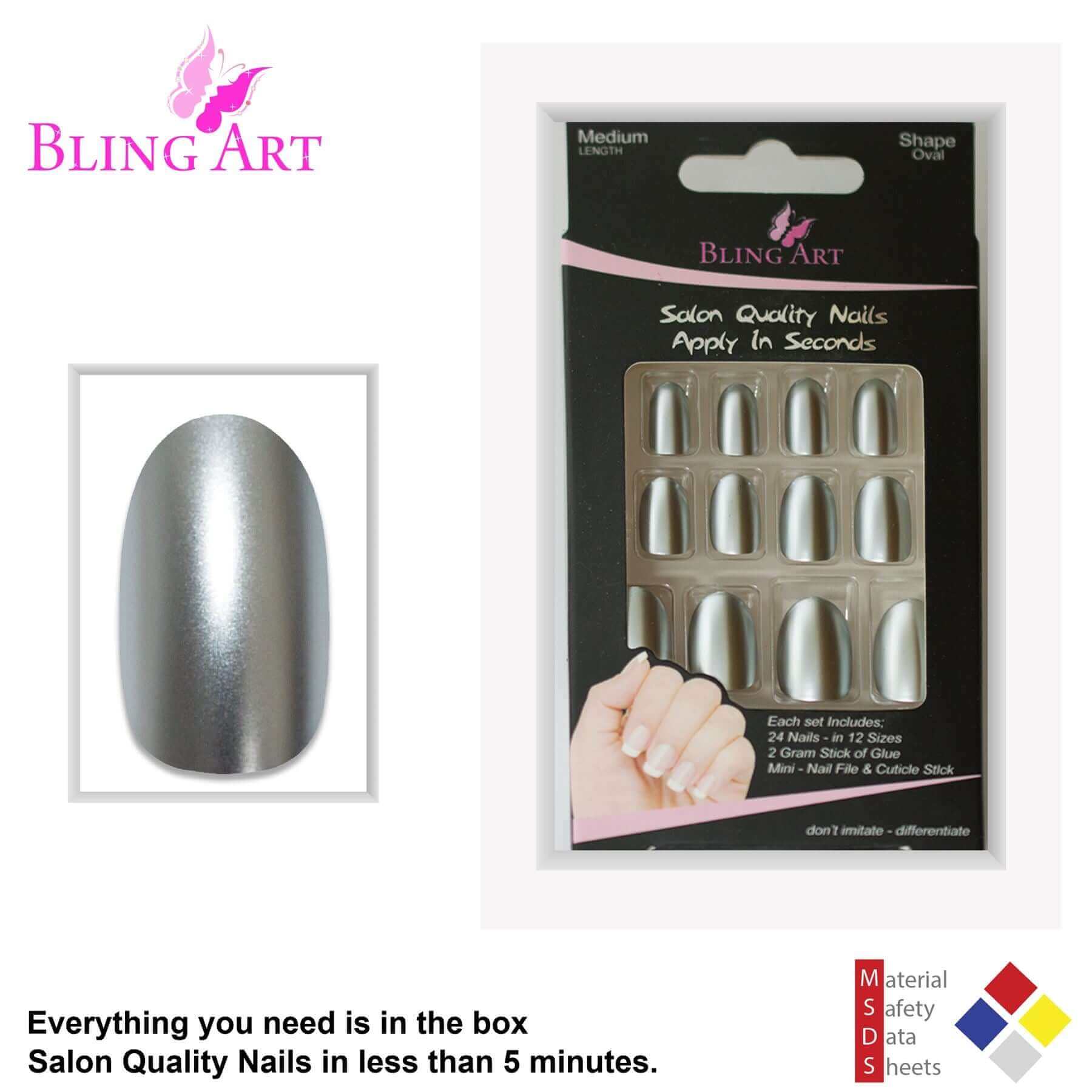 False Nails by Bling Art Silver Matte Metallic Oval Medium Fake Acrylic Tips Glue