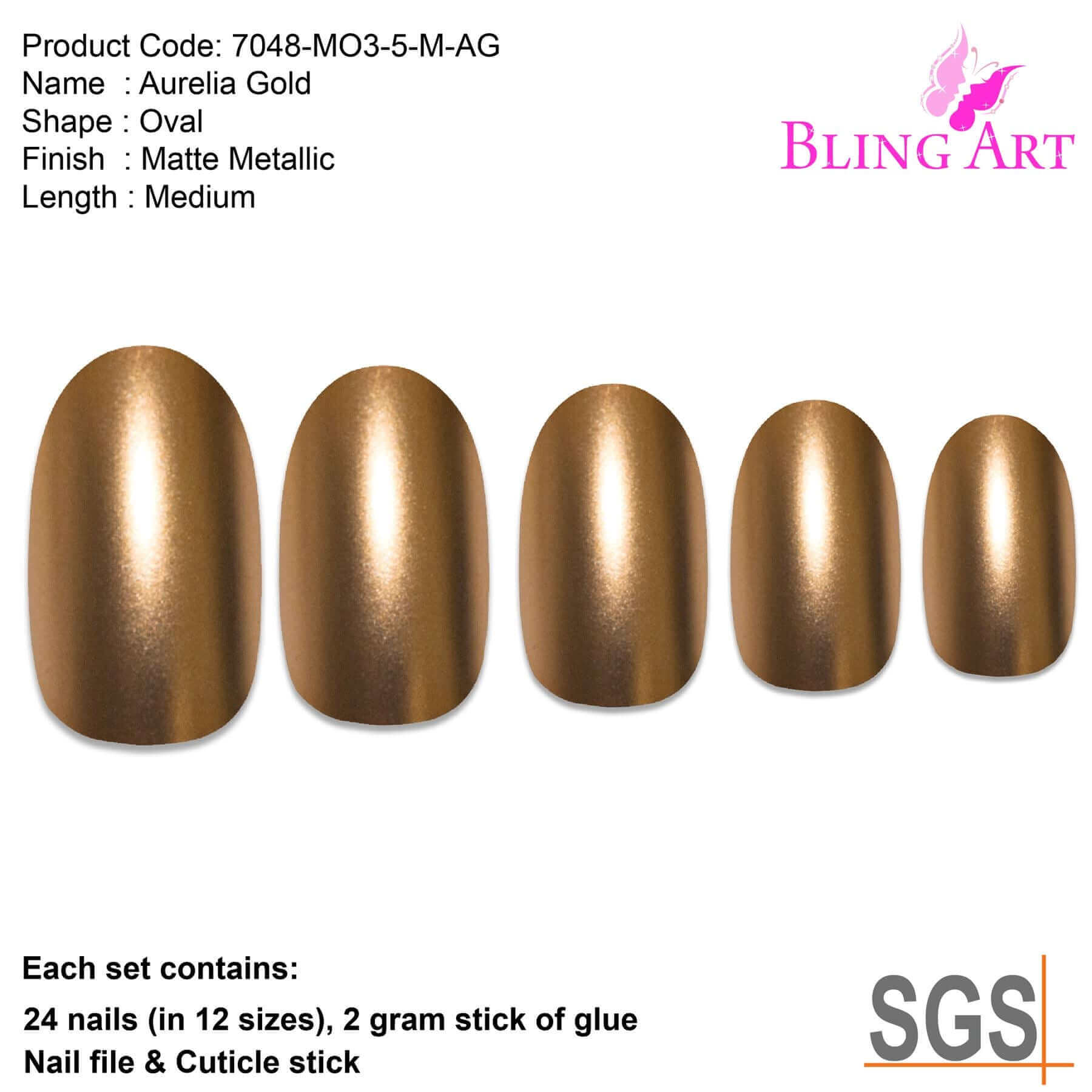 False Nails by Bling Art Gold Matte Metallic Oval Medium Fake Acrylic Tips Glue
