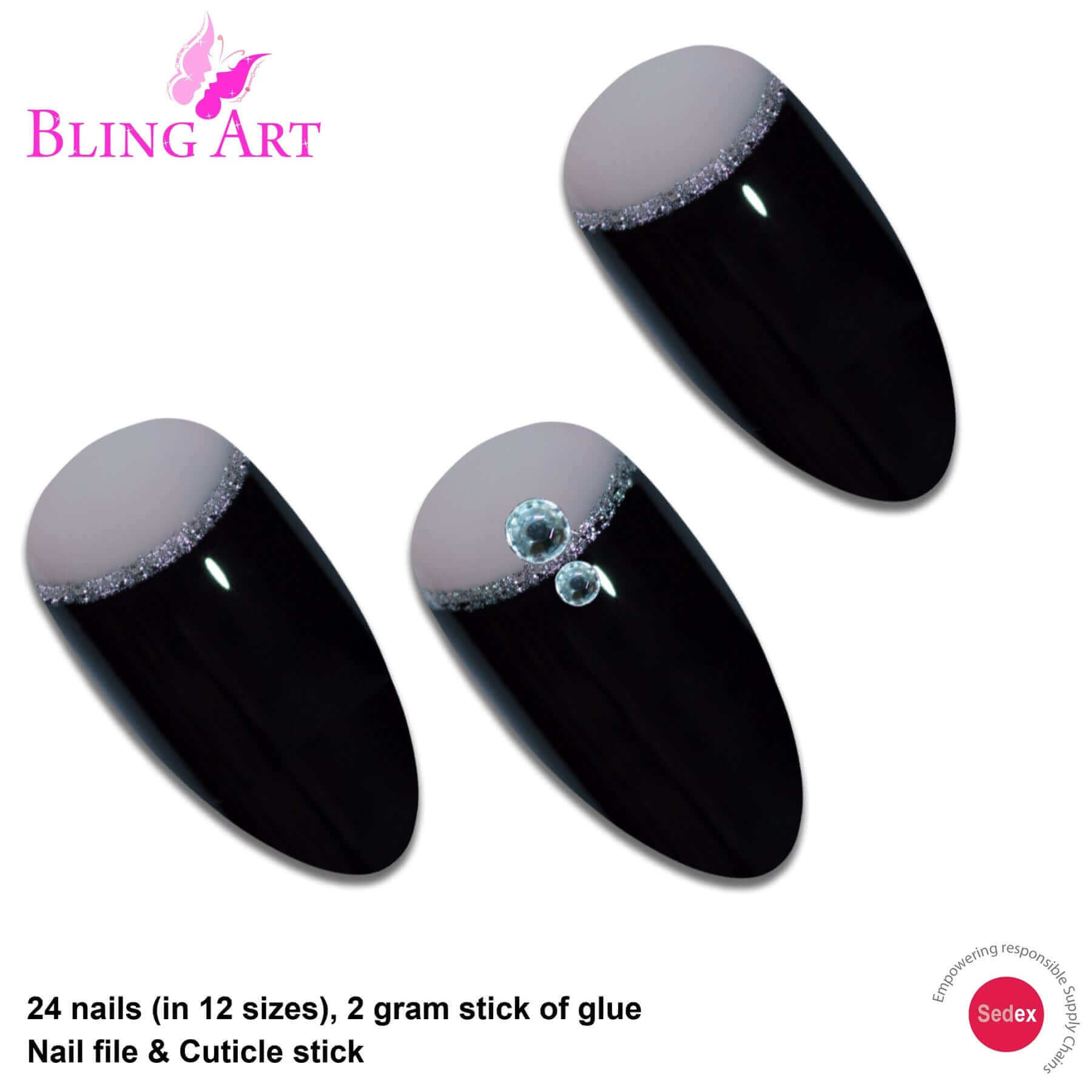 False Nails Bling Art Black Glitter Almond Stiletto Long Fake Acrylic Tips & Glue