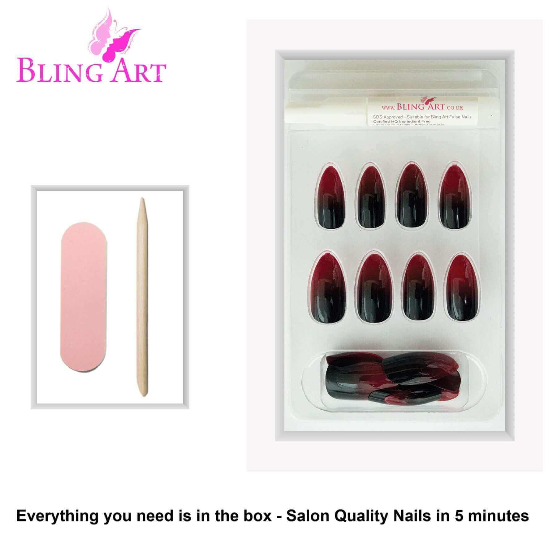 Multipack - False Nails by Bling Art Red Black Almond Stiletto Acrylic 24 Fake Long Tips