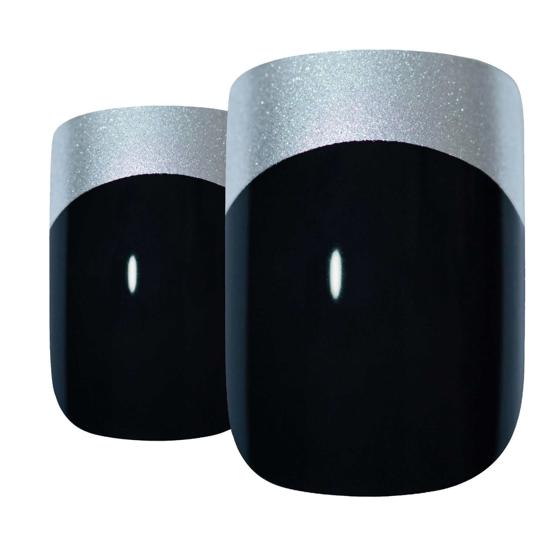 False Nails by Bling Art Black Silver French Manicure Fake Medium Tips with Glue