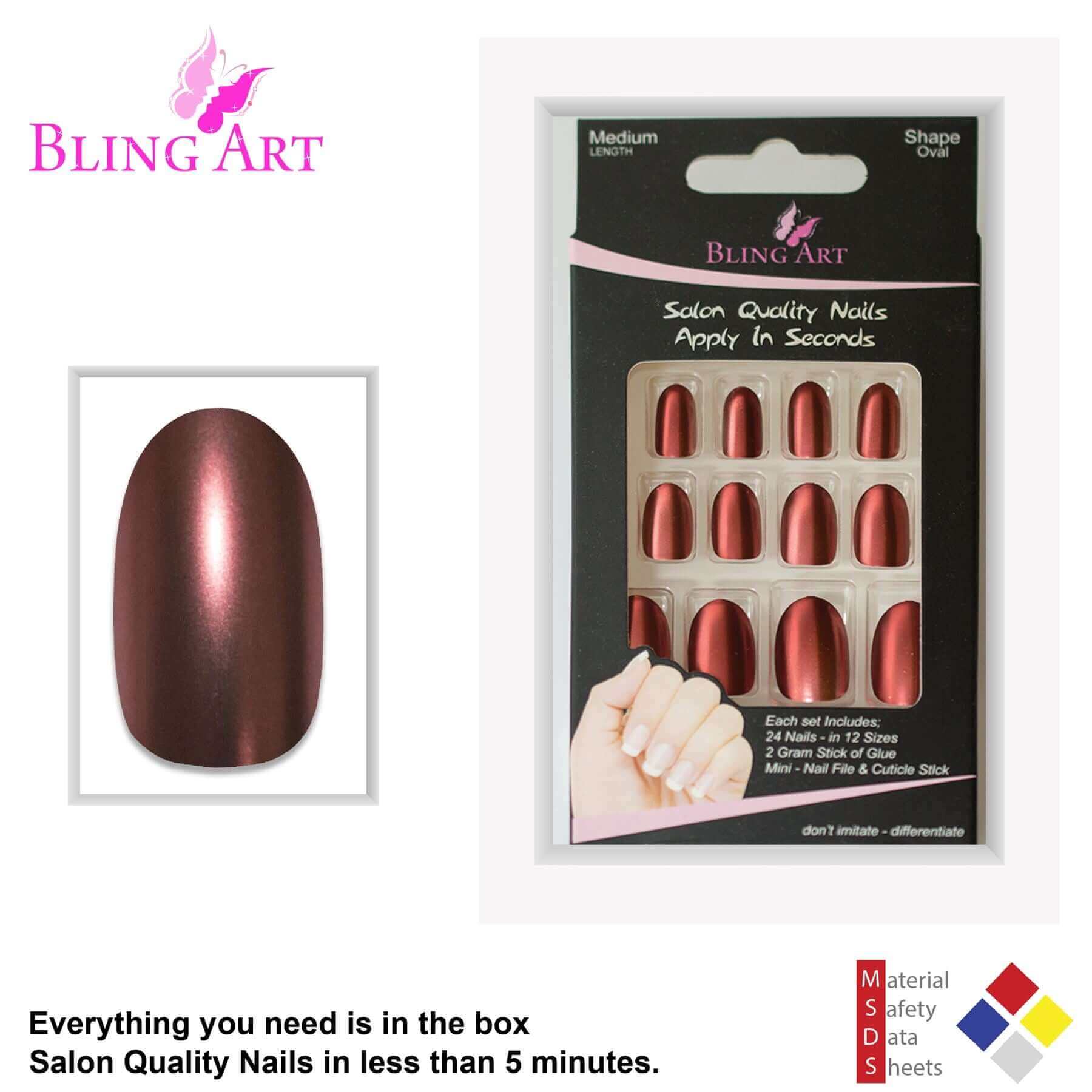 False Nails by Bling Art Brown Matte Metallic Oval Medium Fake Acrylic Tips Glue