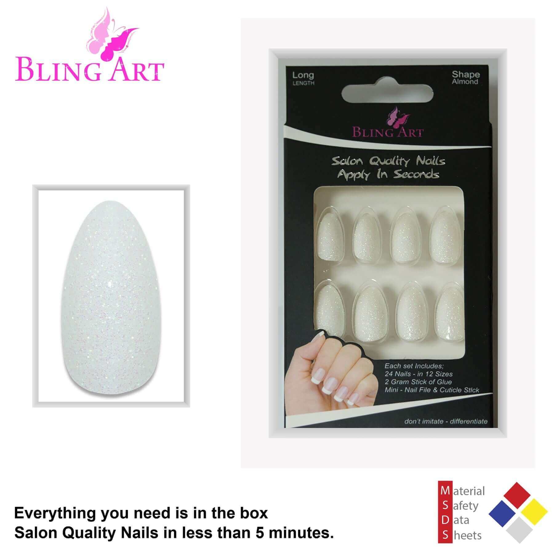 False Nails by Bling Art White Gel Almond Stiletto 24 Fake Long Acrylic Tips