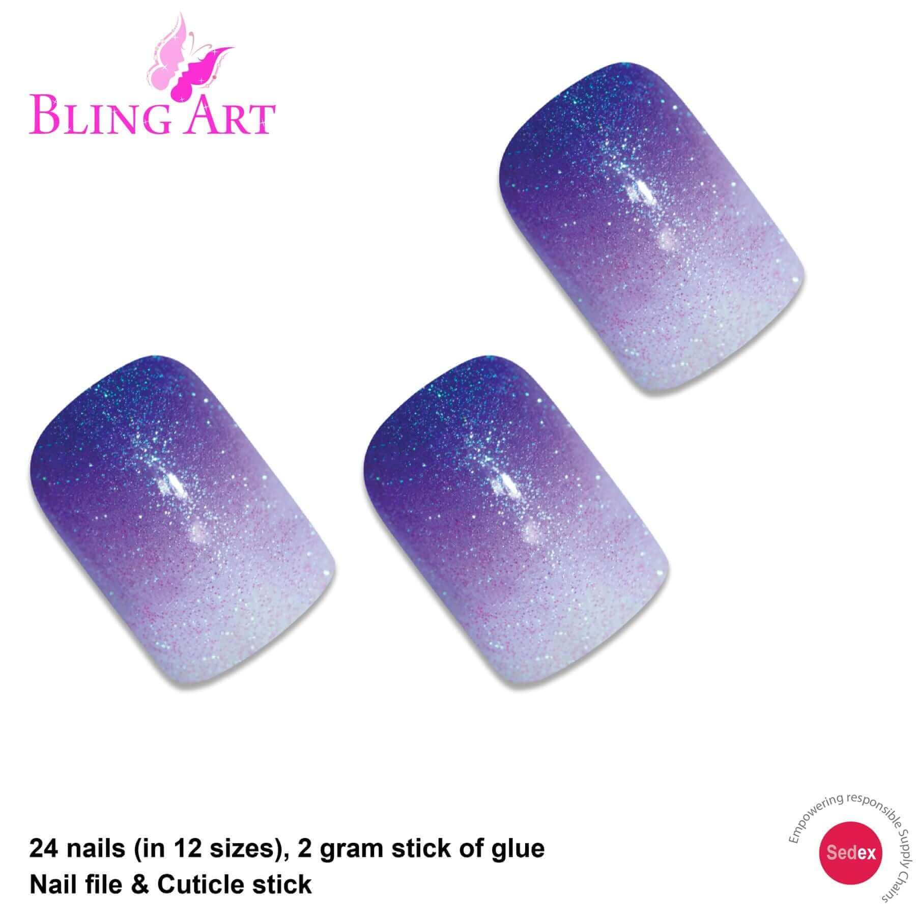 False Nails by Bling Art Purple Gel Ombre French Squoval 24 Fake Medium Tips