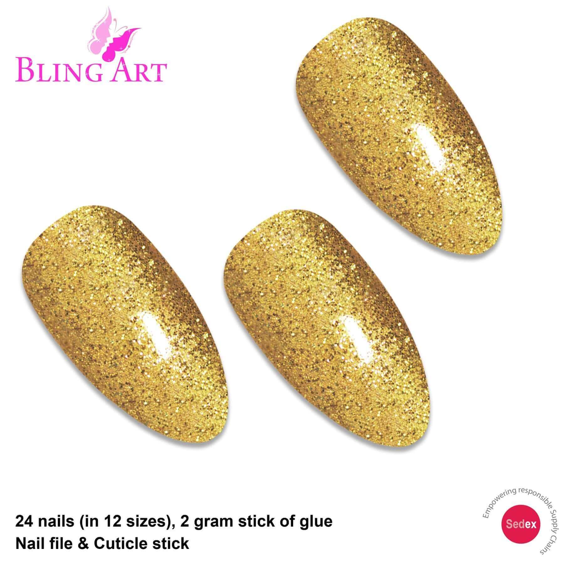 False Nails Bling Art Gold Gel Almond Stiletto Long Fake Acrylic Tips with Glue