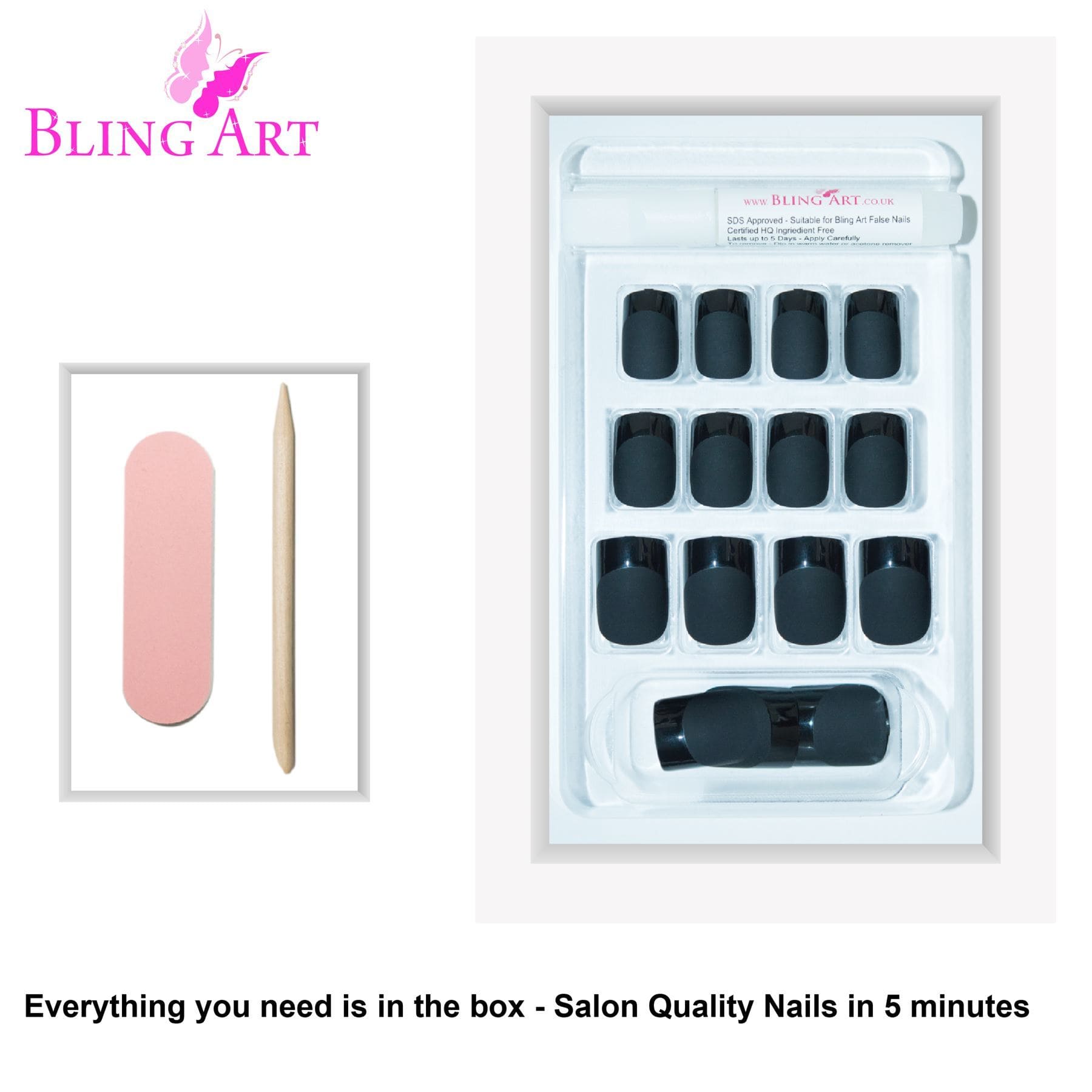 False Nails by Bling Art Black Matte French Manicure Fake Medium Tips with Glue