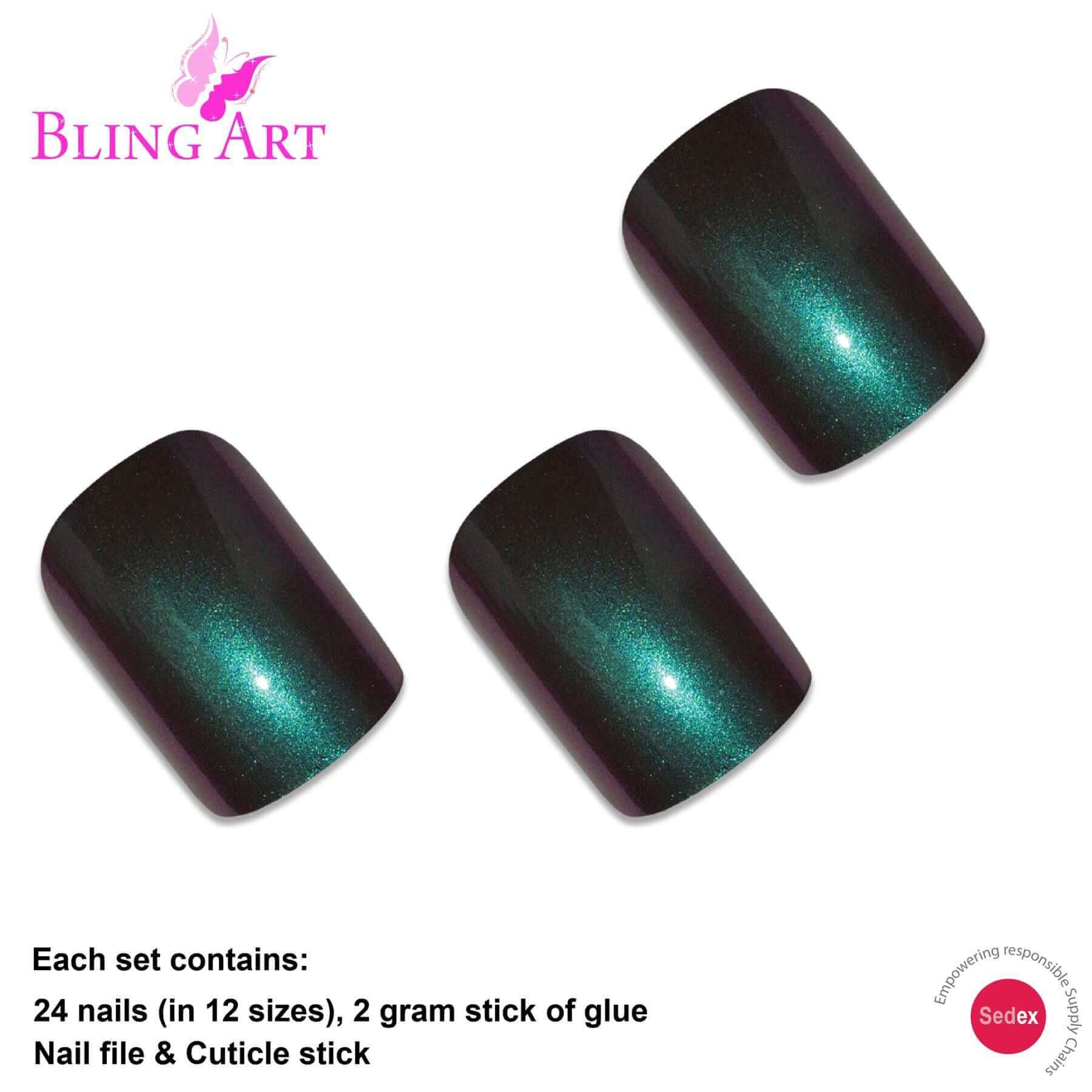 False Nails by Bling Art Green Purple Chameleon French Squoval 24 Fake Tips