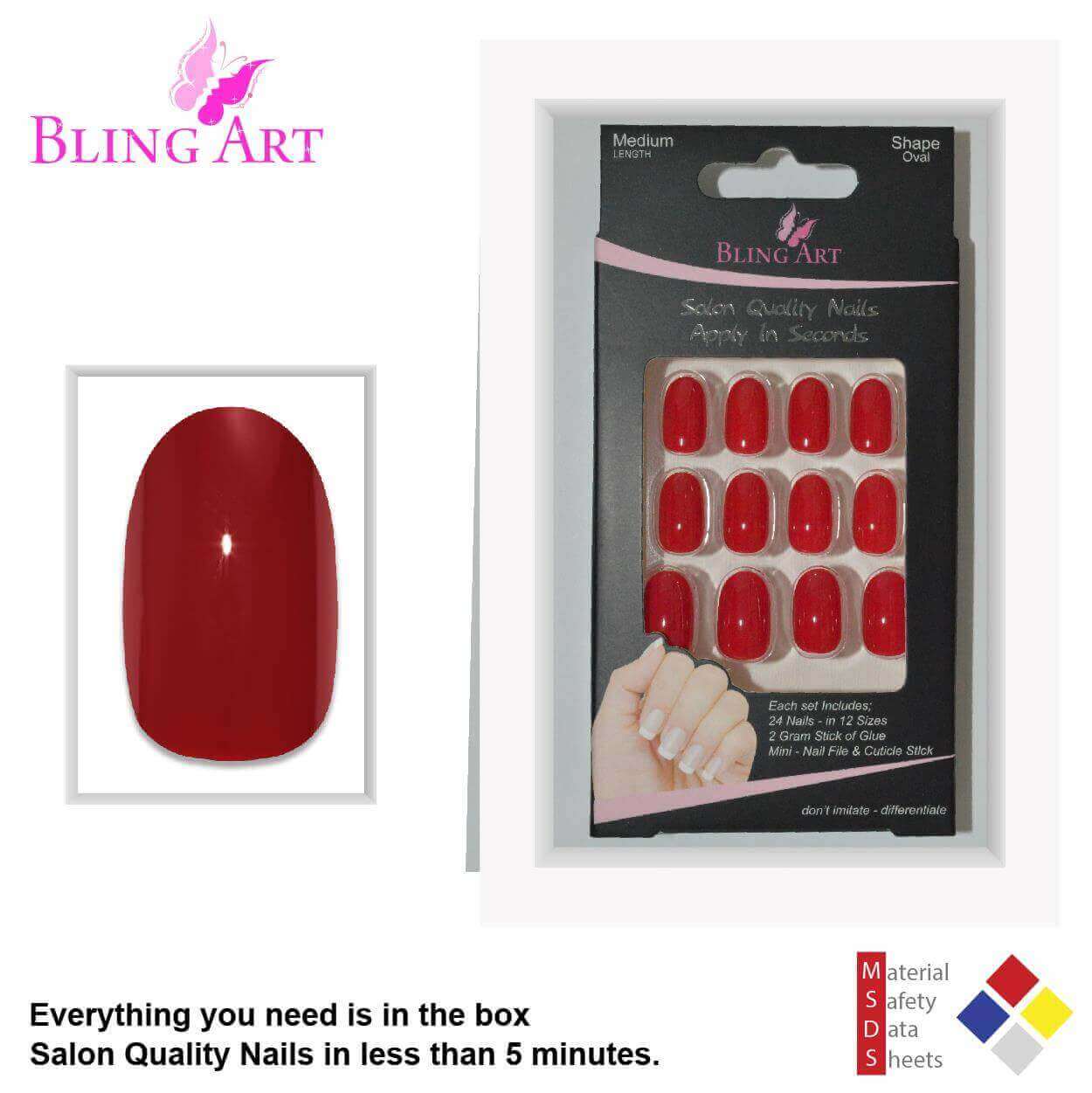 False Nails by Bling Art Red Polished Oval Medium Fake 24 Acrylic Nail Tips