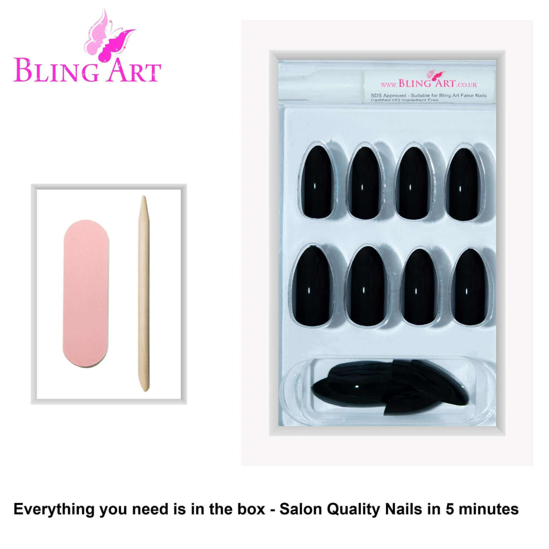 False Nails Bling Art Black Polished Almond Stiletto Long Fake Acrylic Tips Glue