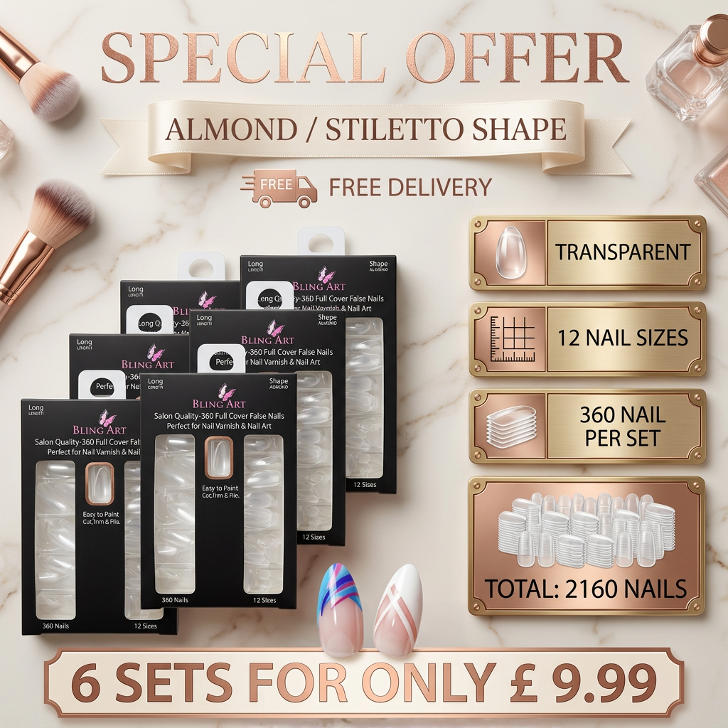 6 sets - False Nails by Bling Art 360 Stiletto Almond Long Transparent Acrylic Fake Nail Tips without glue