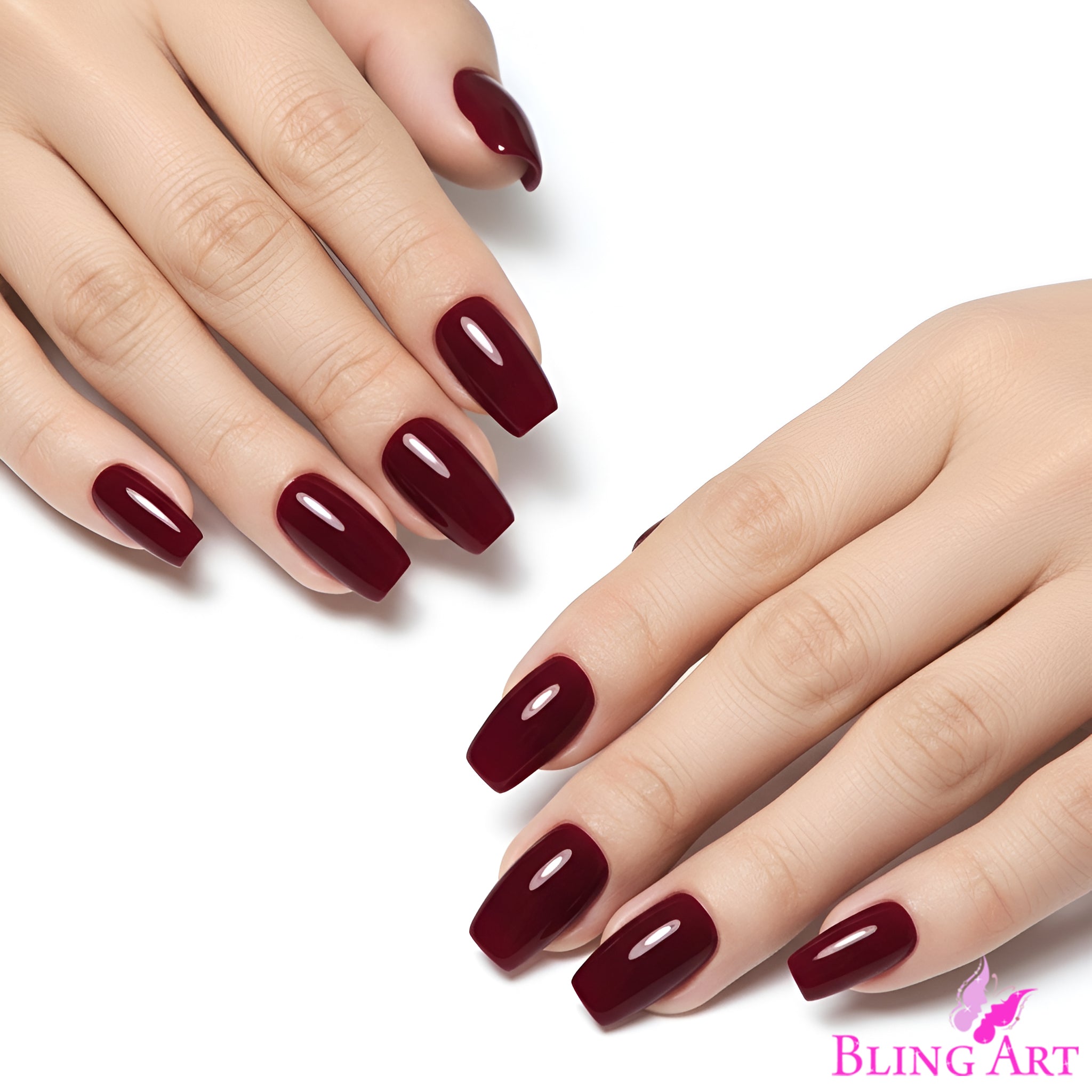 Multipack - False Nails by Bling Art Red Brown Polished Ballerina Long Medium Fake Tips on a hand