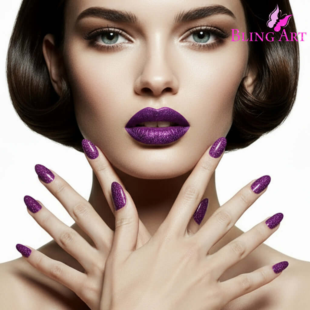 False Nails Bling Art Purple Gel Almond Stiletto Long Fake Acrylic Tips and Glue