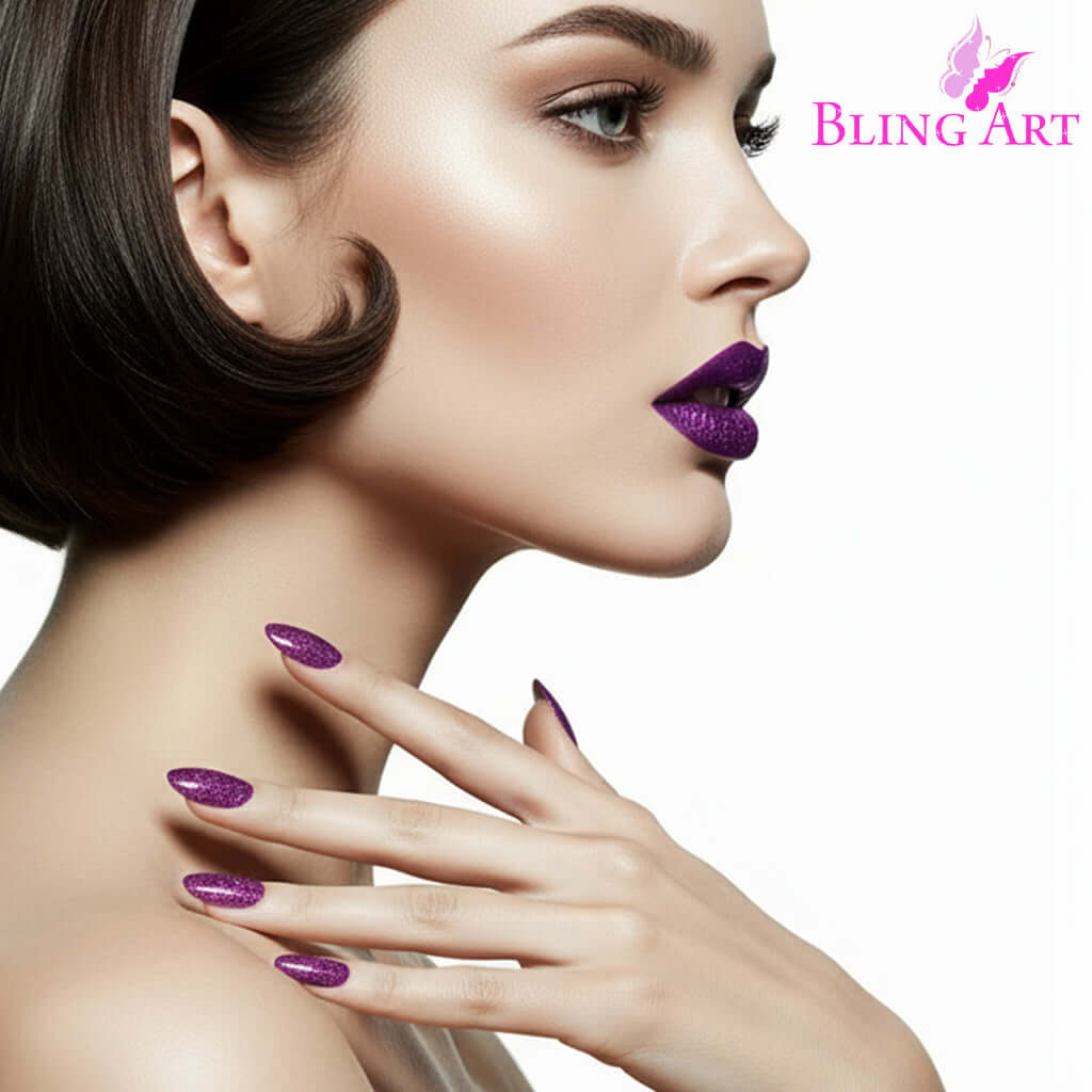 False Nails Bling Art Purple Gel Almond Stiletto Long Fake Acrylic Tips and Glue