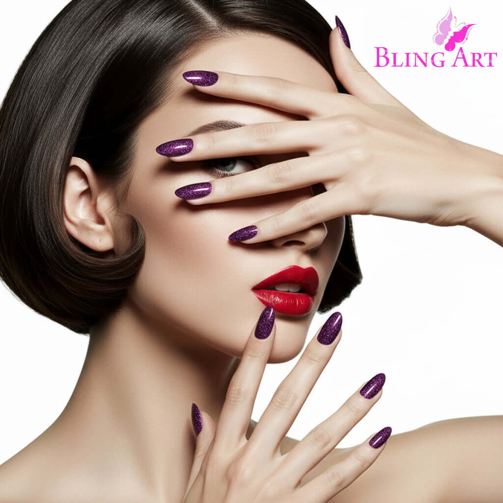 False Nails Bling Art Purple Gel Almond Stiletto Long Fake Acrylic Tips and Glue