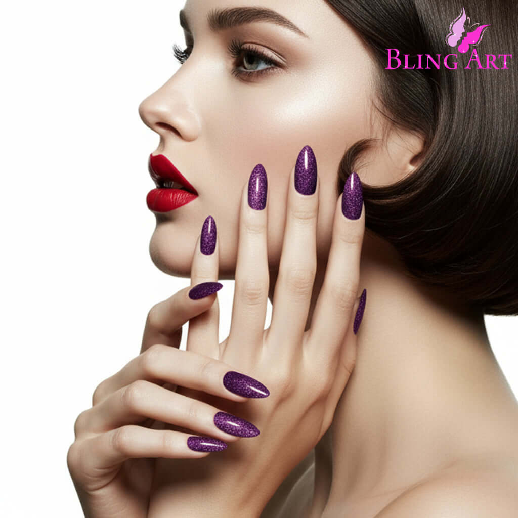 False Nails Bling Art Purple Gel Almond Stiletto Long Fake Acrylic Tips and Glue