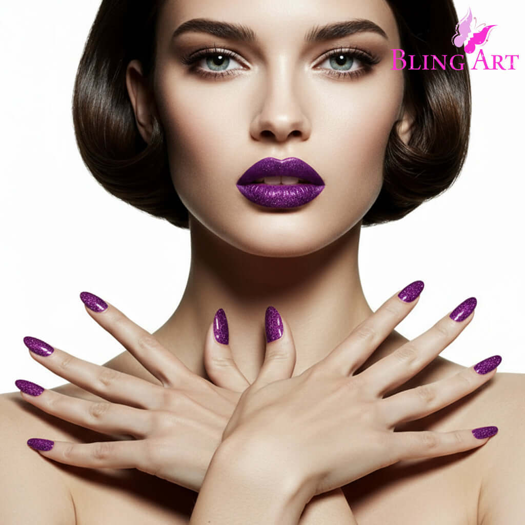 Multipack - False Nails Bling Art Purple Gel Almond Stiletto Long Fake Acrylic Tips and Glue with sparkling purple finish.