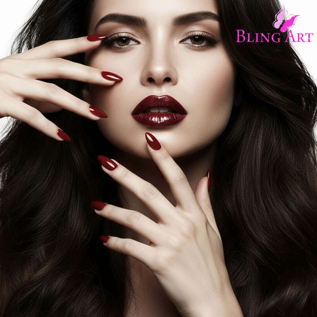 Multipack - False Nails Bling Art Brown Red Almond Stiletto Long Fake Acrylic Tips with Glue