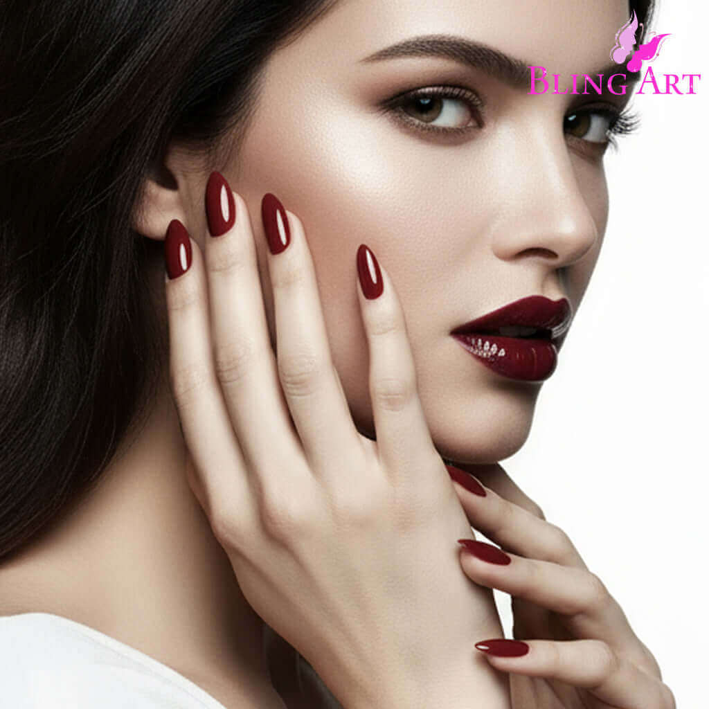 Multipack - False Nails Bling Art Brown Red Almond Stiletto Long Fake Acrylic Tips with Glue on manicured fingers.