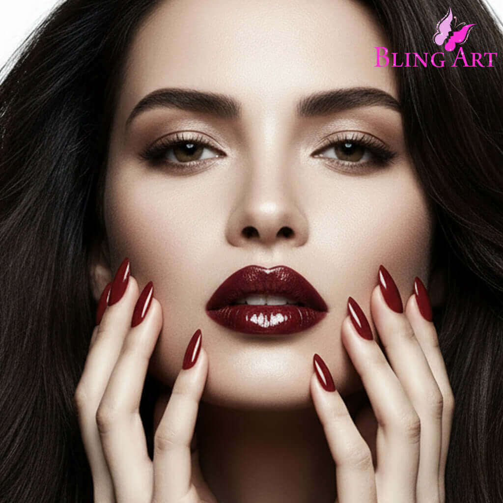 Multipack - False Nails Bling Art Brown Red Almond Stiletto Long Fake Acrylic Tips with Glue