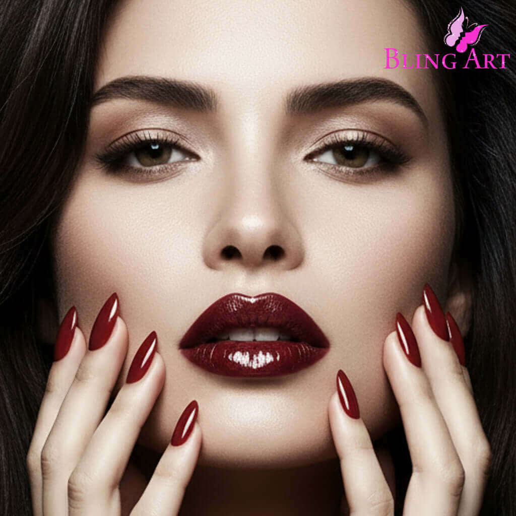 Multipack - False Nails Bling Art Brown Red Almond Stiletto Long Fake Acrylic Tips with Glue