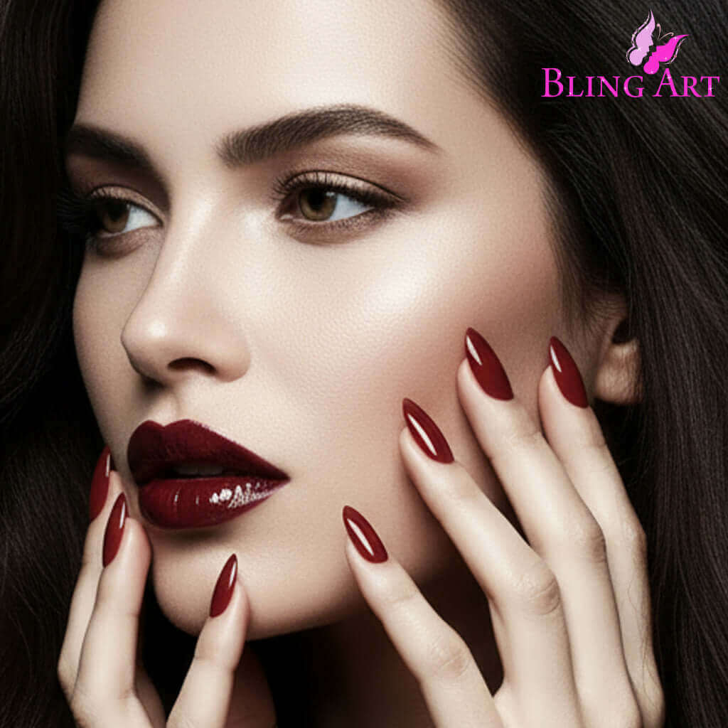 Multipack - False Nails Bling Art Brown Red Almond Stiletto Long Fake Acrylic Tips with Glue