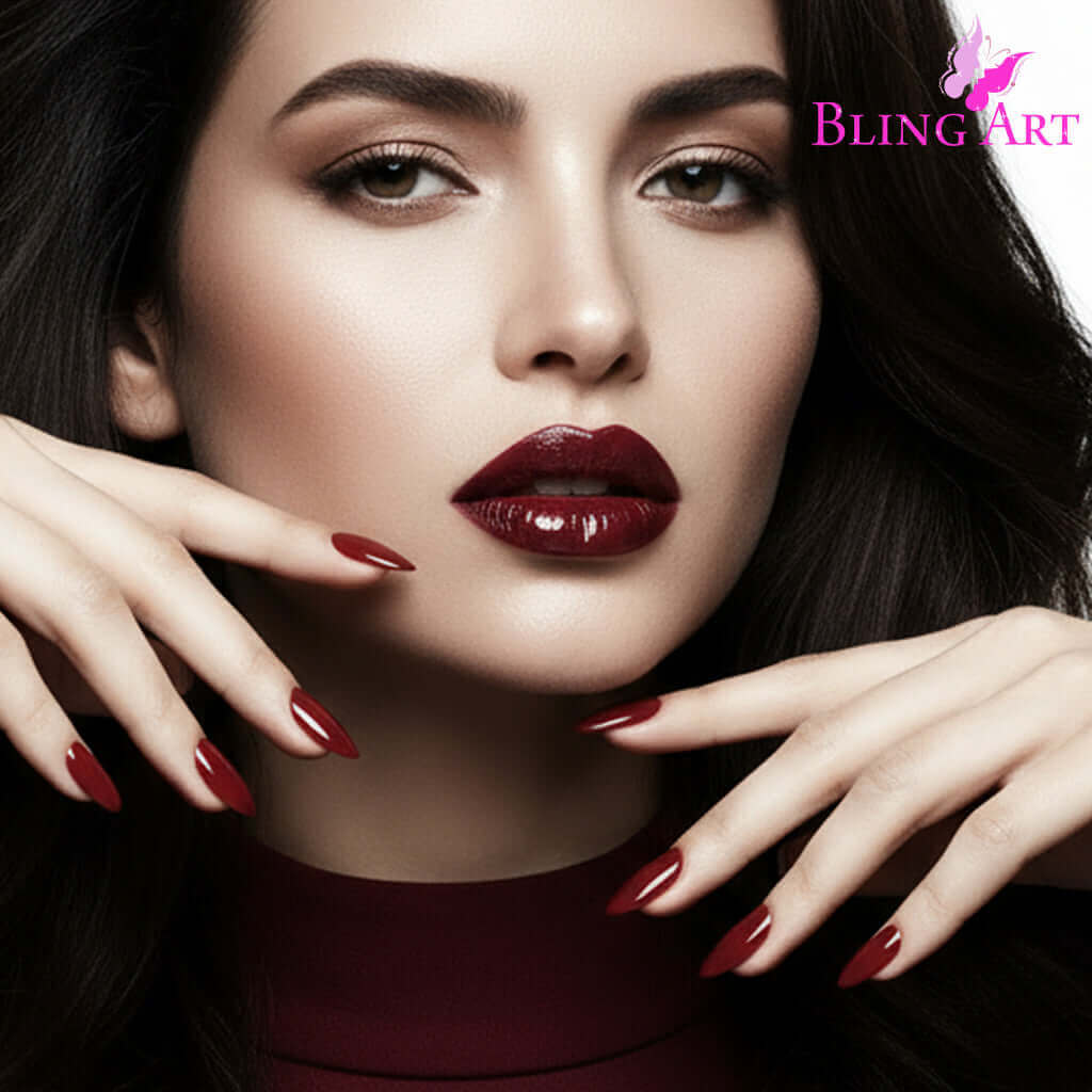 Multipack - False Nails Bling Art Brown Red Almond Stiletto Long Fake Acrylic Tips with Glue