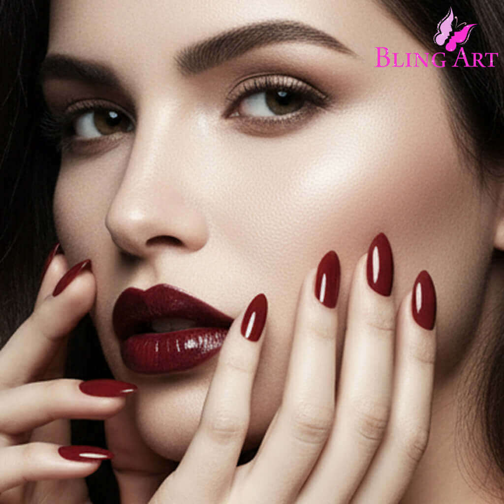 Multipack - False Nails Bling Art Brown Red Almond Stiletto Long Fake Acrylic Tips with Glue on manicured fingers.