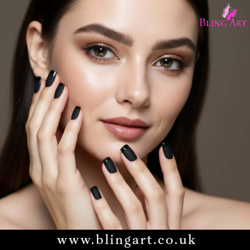 Multipack - False Nails by Bling Art Black Matte French Manicure Fake Medium Tips with Glue