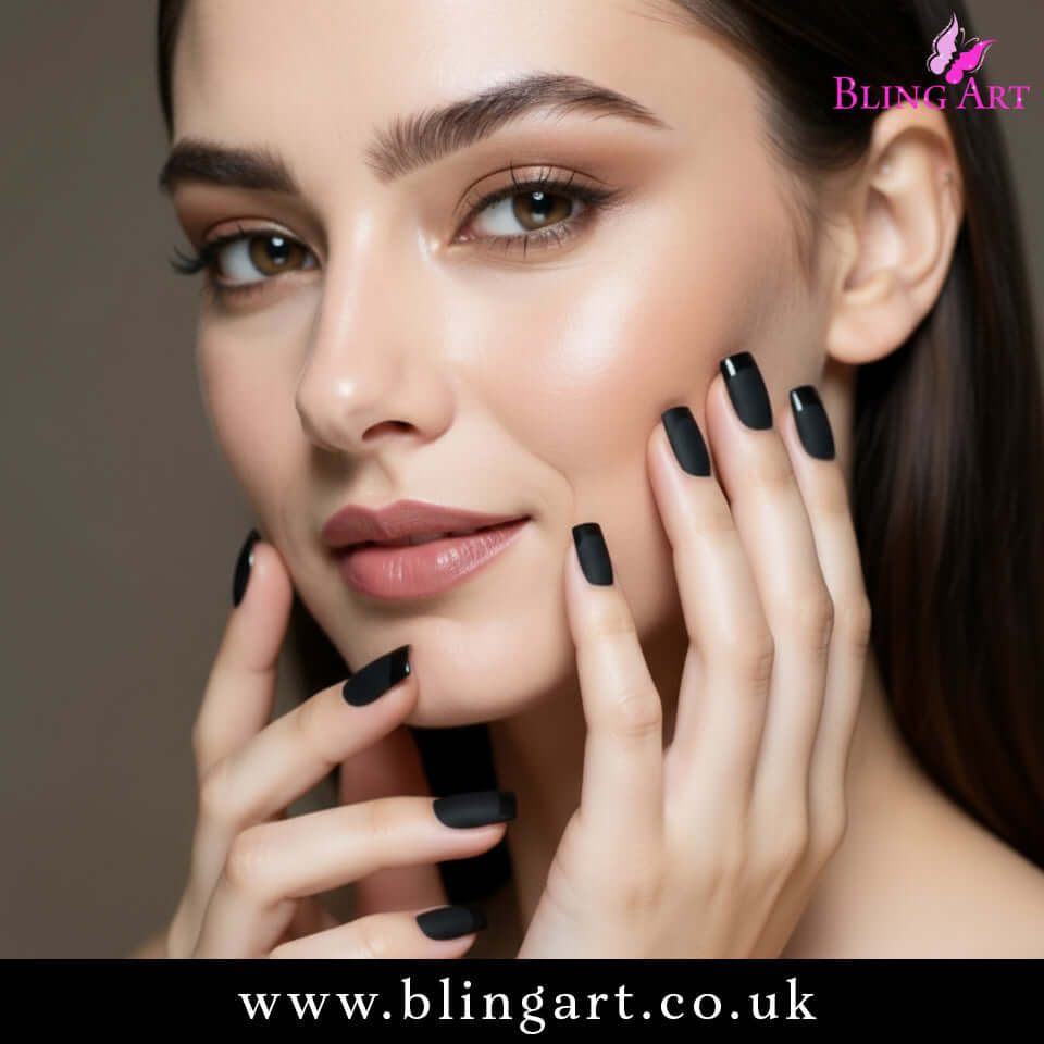 Multipack - False Nails by Bling Art Black Matte French Manicure Fake Medium Tips with Glue