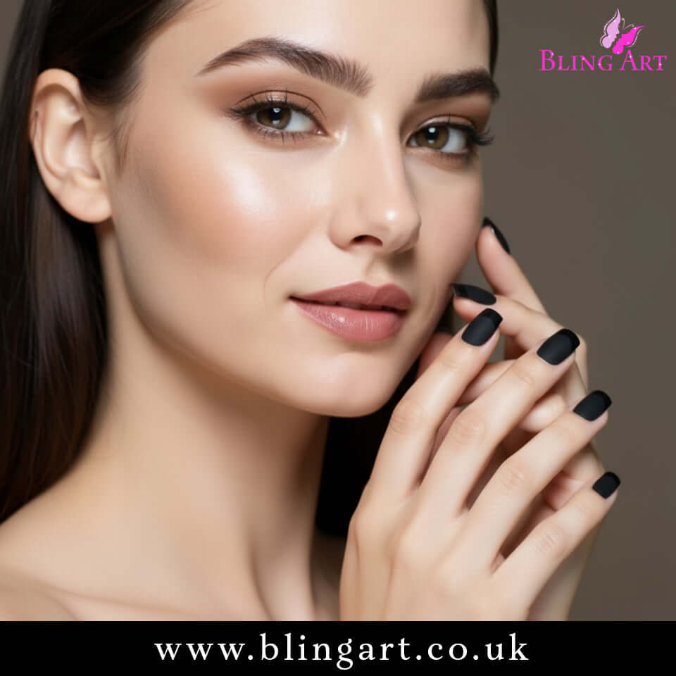 Multipack - False Nails by Bling Art Black Matte French Manicure Fake Medium Tips with Glue