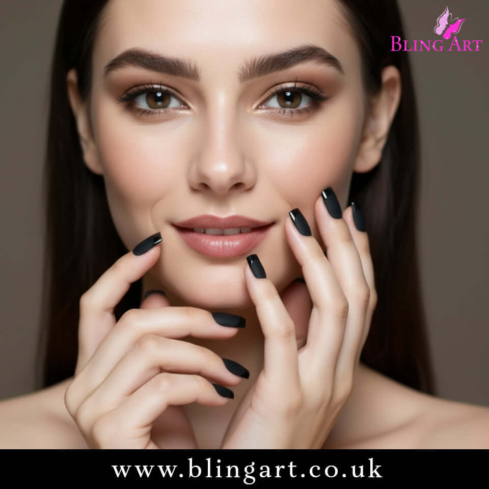 Multipack - False Nails by Bling Art Black Matte French Manicure Fake Medium Tips with Glue