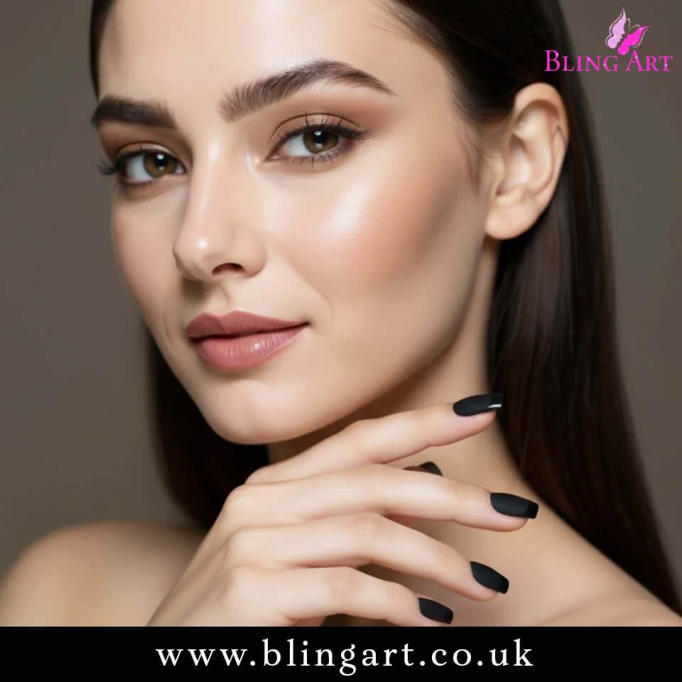 Multipack - False Nails by Bling Art Black Matte French Manicure Fake Medium Tips with Glue