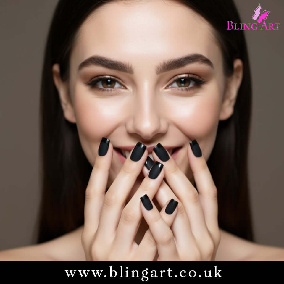 Multipack - False Nails by Bling Art Black Matte French Manicure Fake Medium Tips with Glue