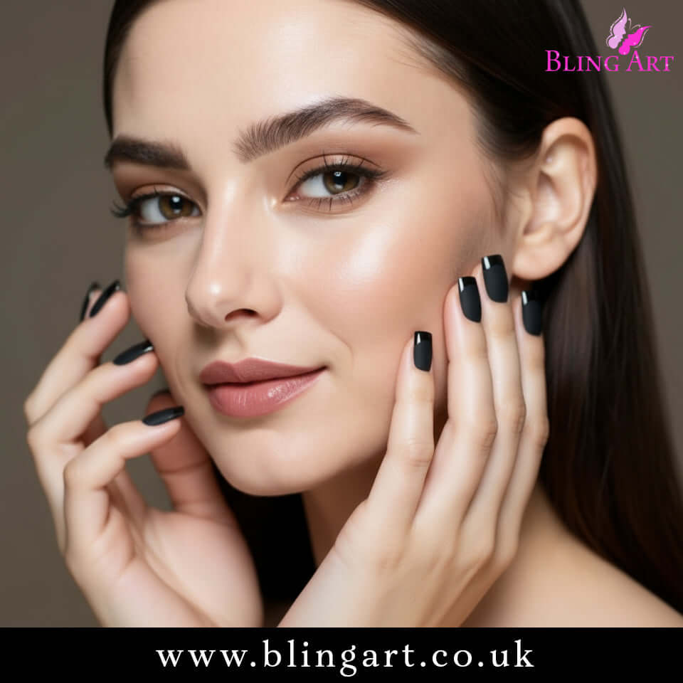 Multipack - False Nails by Bling Art Black Matte French Manicure Fake Medium Tips with Glue