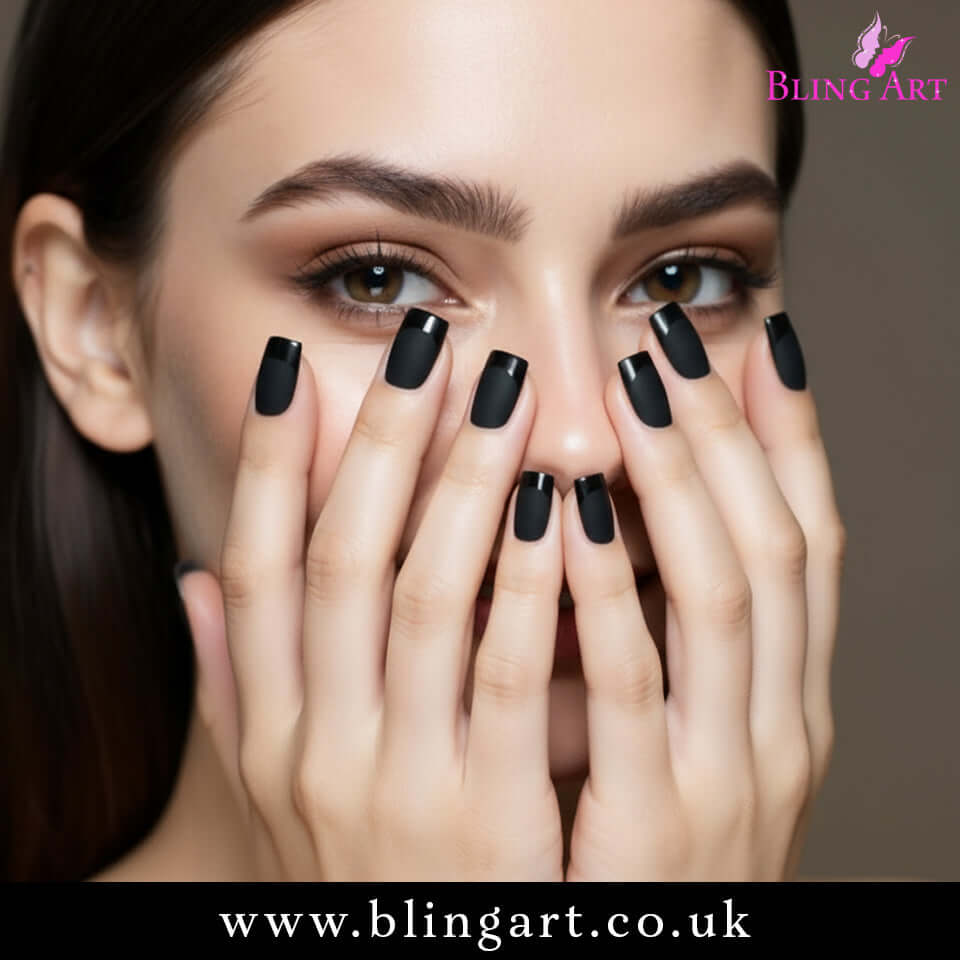 False Nails by Bling Art Black Matte French Manicure Fake Medium Tips with Glue
