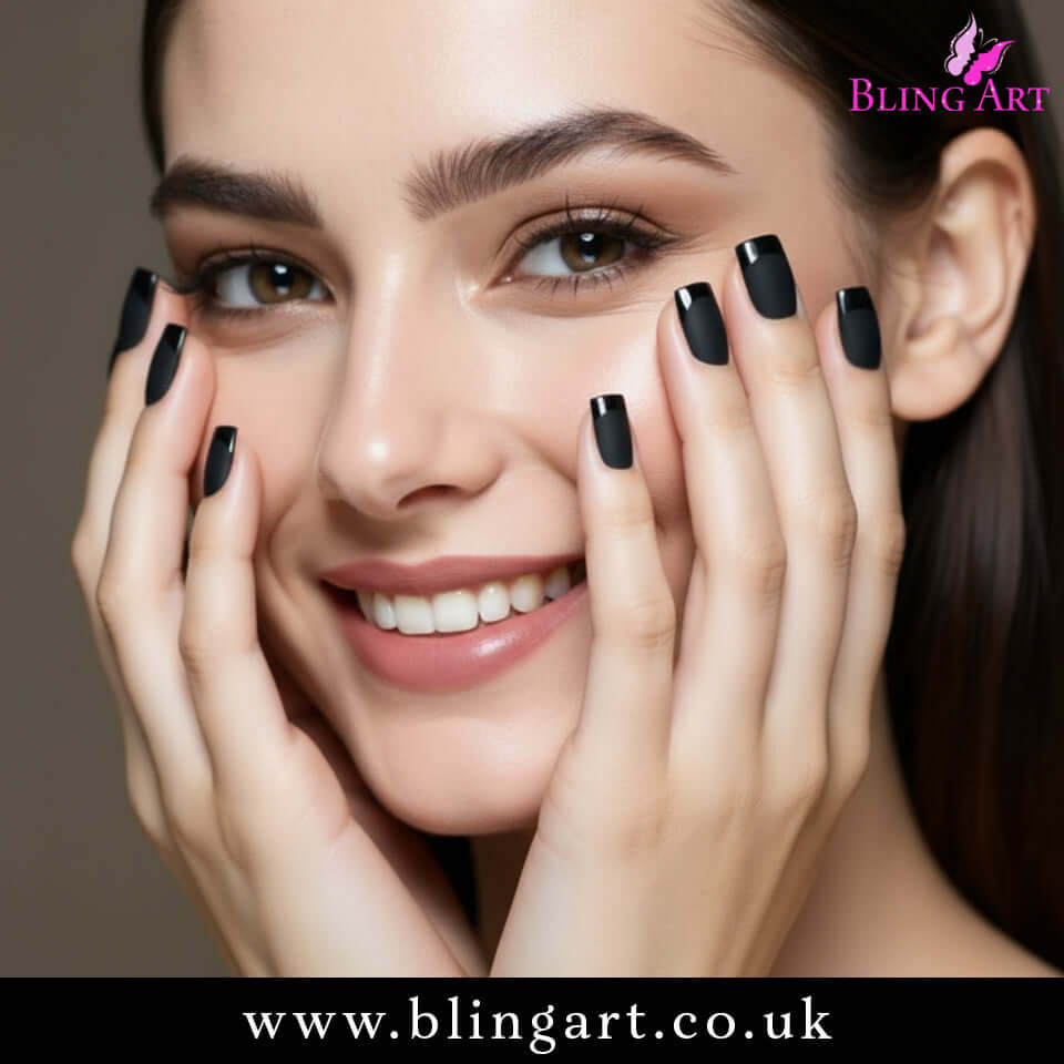 False Nails by Bling Art Black Matte French Manicure Fake Medium Tips with Glue